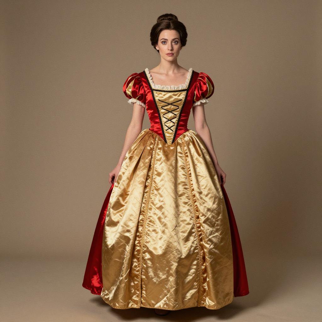 Woman Wearing Red and Gold Historical Satin Dress with Corset Bodice