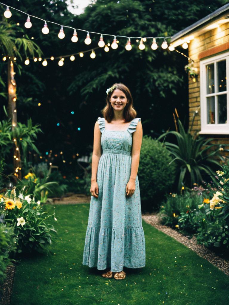 Young Woman in Light Blue Floral Maxi Dress in Garden with String Lights