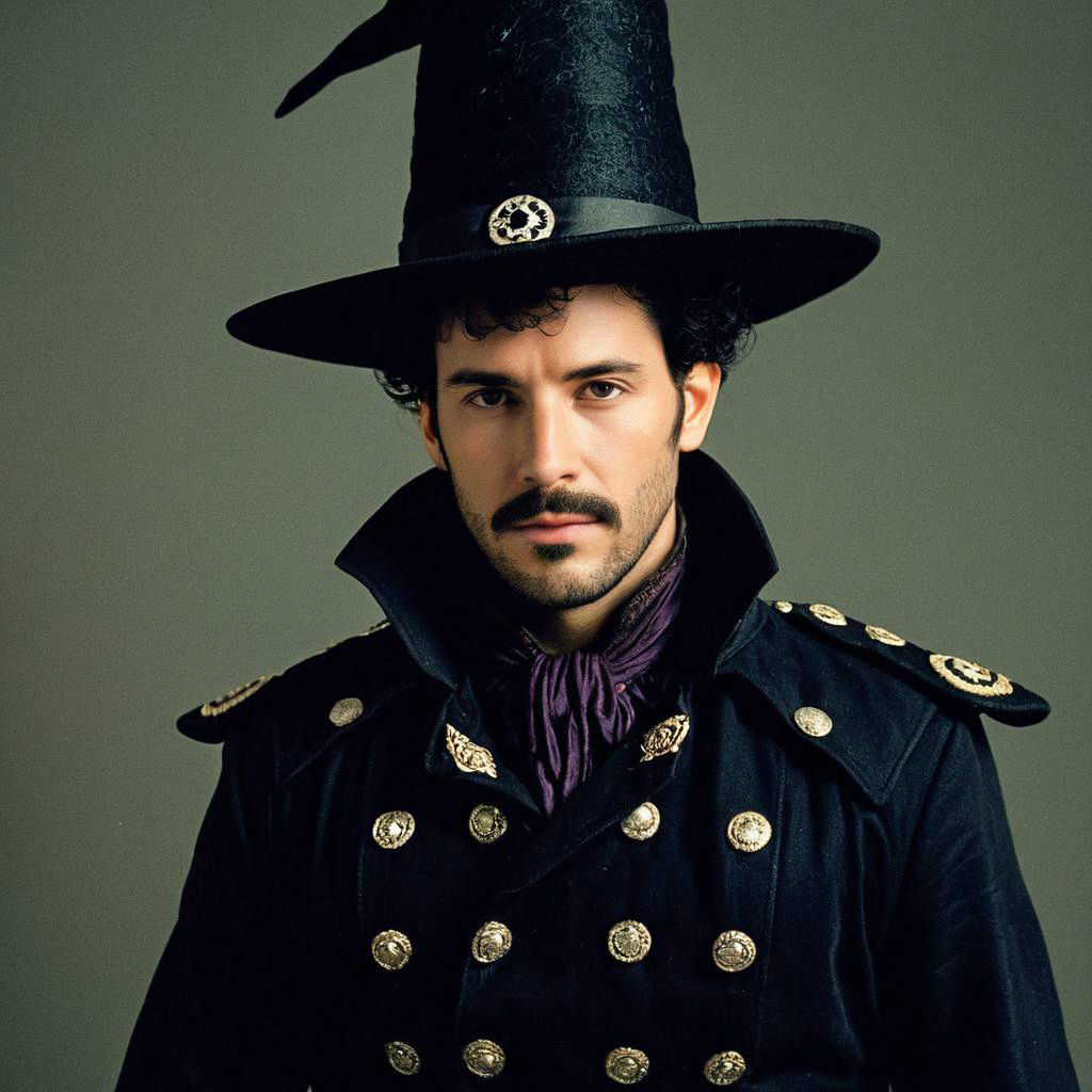 Man in Vintage Fantasy Costume with Black Coat and Hat Man in Vintage Fantasy Costume with Black Coat and Hat