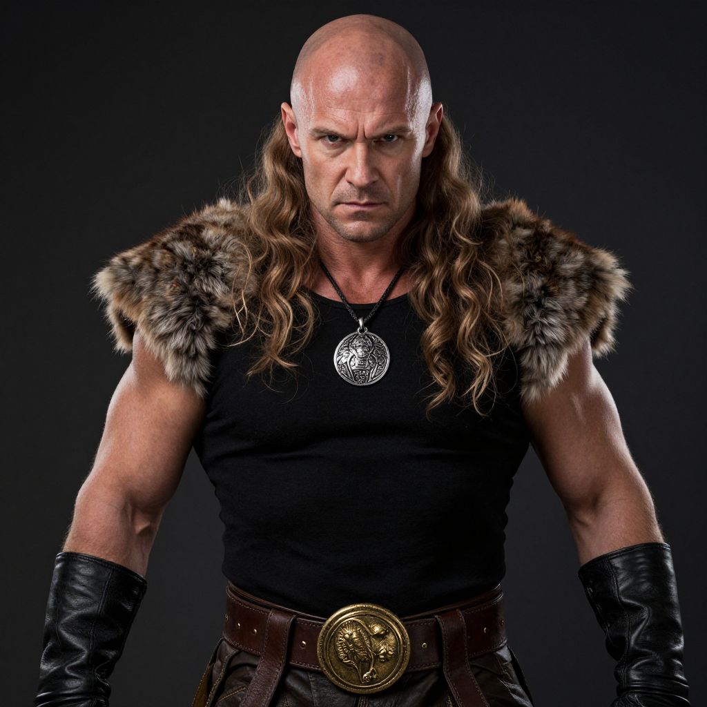 Fierce Bald Warrior Man in Fur and Leather Costume