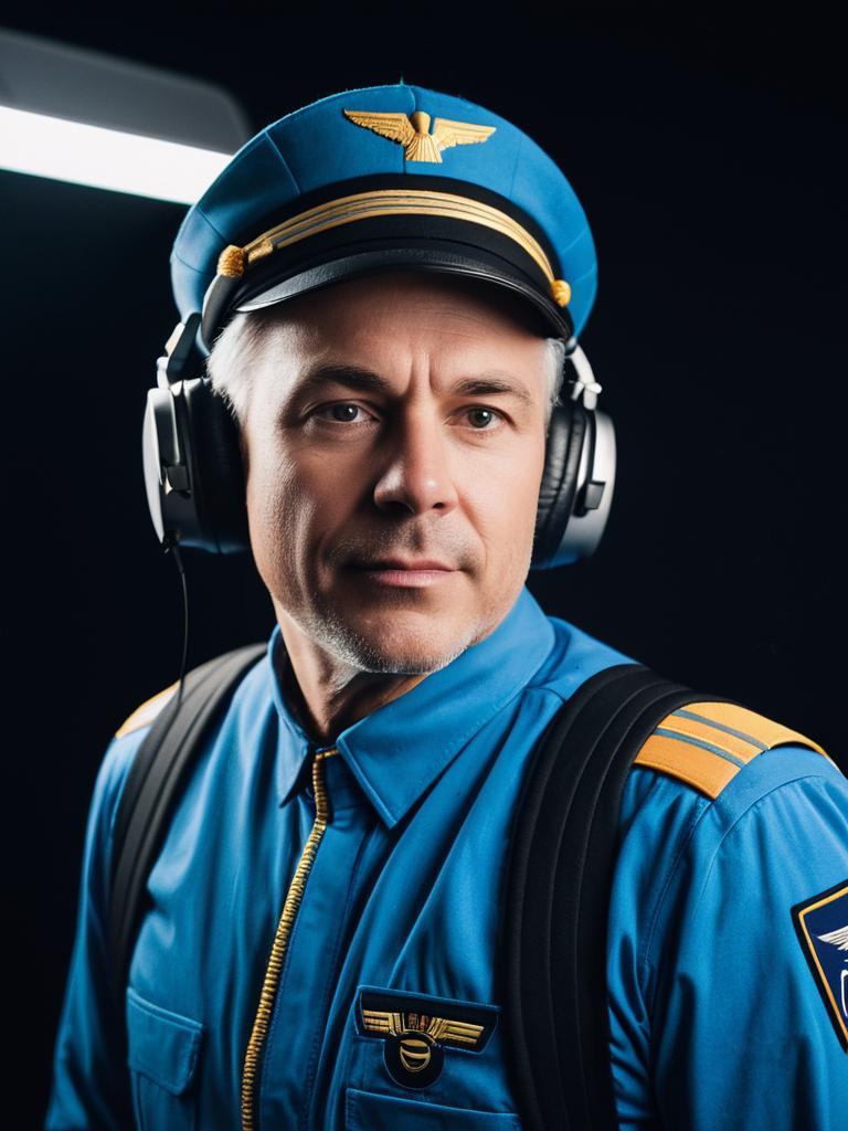 Man in Professional Airliner Pilot Costume Studio Headshot