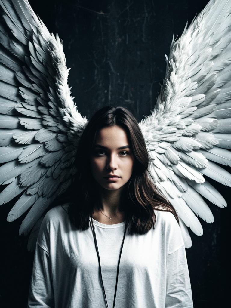 Photorealistic Portrait of Woman with Extra Large Angel Wings in Fantasy Style