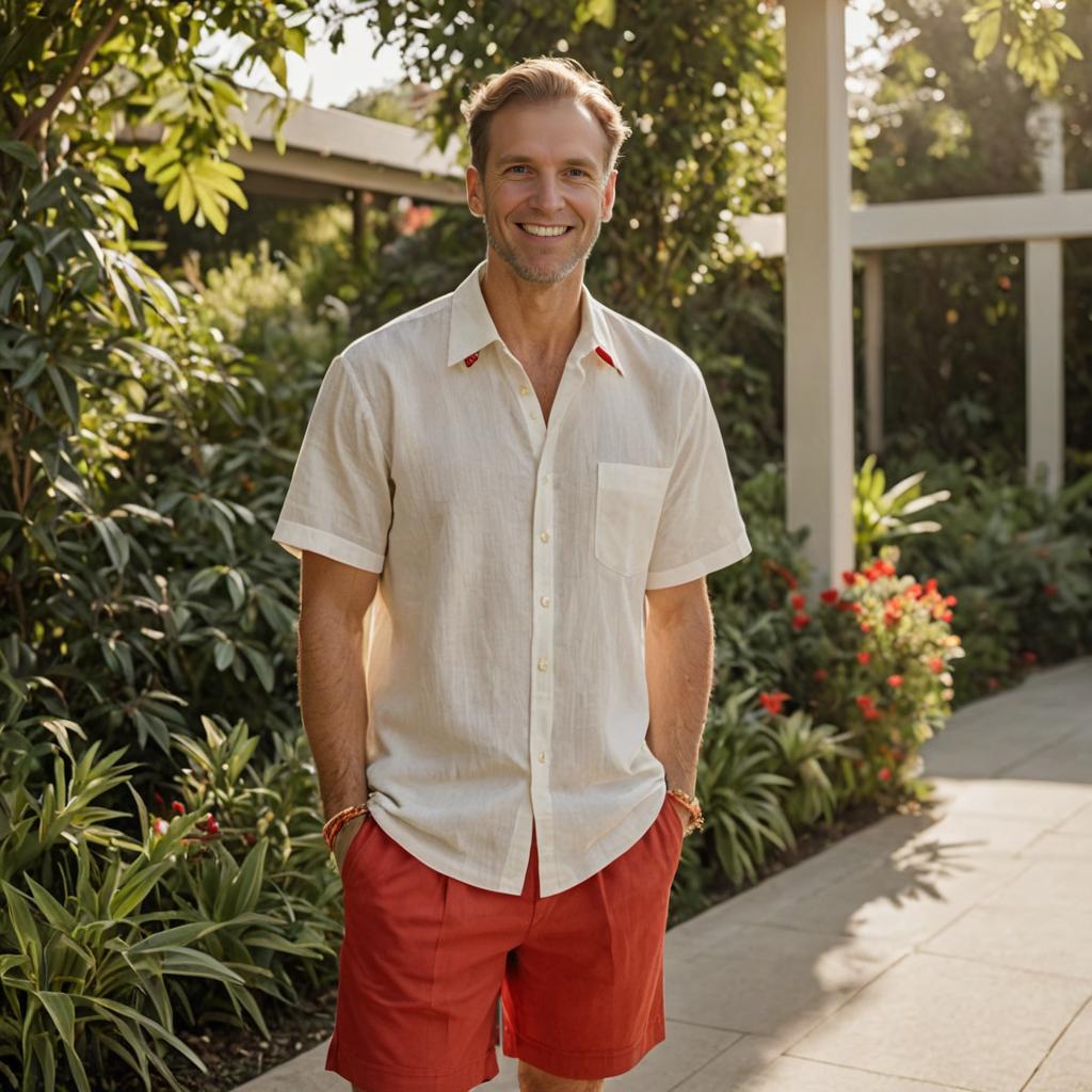 Cheerful man in casual summer outfit with garden backdrop