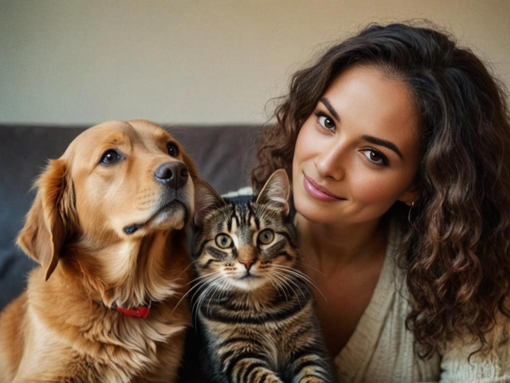 Warm Portrait of Woman with Golden Retriever and Tabby Cat