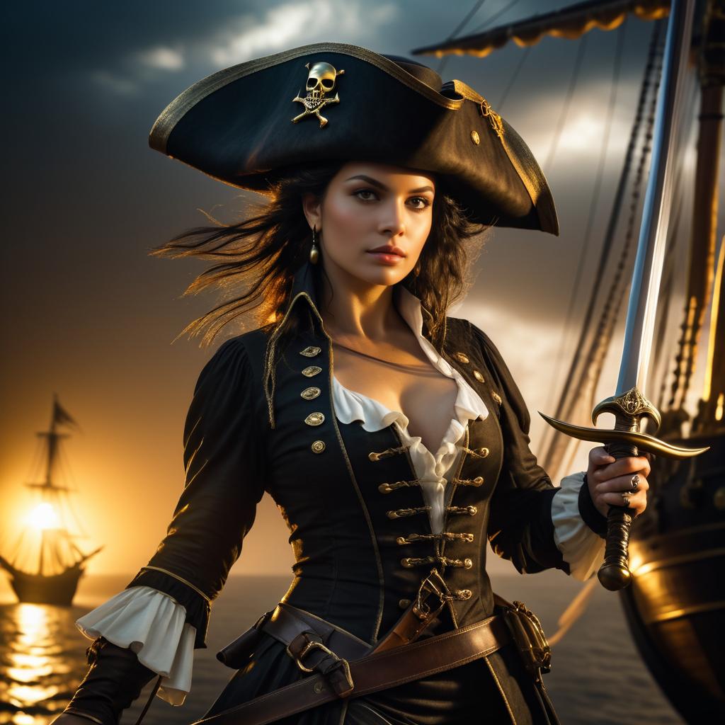 Fierce Pirate Woman at Sunset