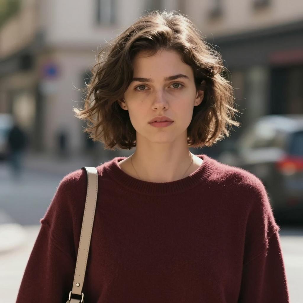 Young Woman in Maroon Sweater with Short Hair on Urban Street