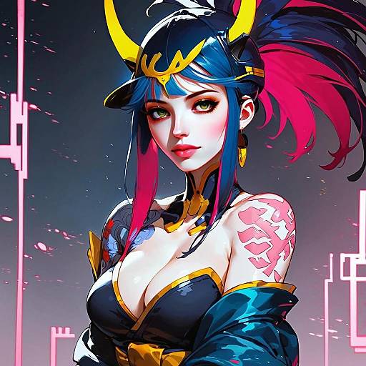 Cyberpunk Anime Woman in Futuristic Samurai Armor with Tattoos