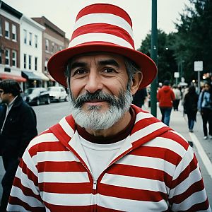 Cheerful man in striped hoodie and hat