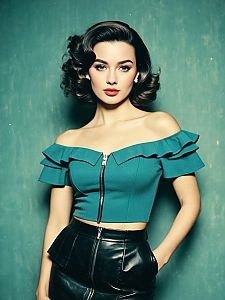 Stylish Woman in Teal Off-Shoulder Top and Black Leather Skirt with Vintage Hairstyle