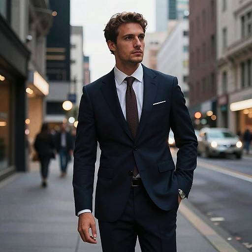 Confident Young Man in Navy Blue Suit Walking in City Street