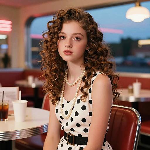 Young Woman in Vintage Polka Dot Dress with Curly Hair in Retro Diner