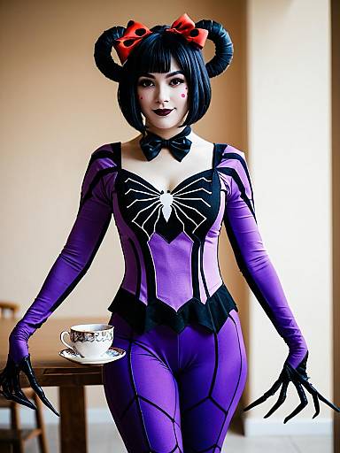 Muffet Cosplay in Purple Spider-Themed Outfit Holding Teacup