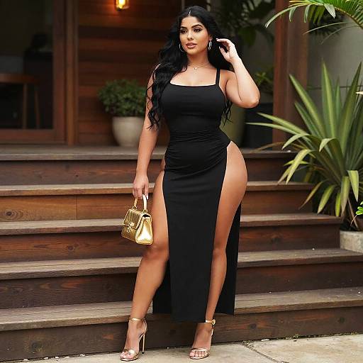 Elegant Woman Wearing Black High-Slit Dress with Gold Accessories Outdoors
