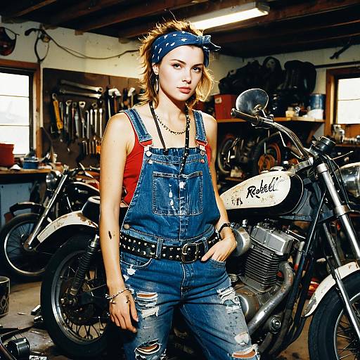 Young Woman in Distressed Denim Overalls in Vintage Motorcycle Garage
