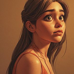 Realistic Digital Portrait of Woman with Freckles and Large Eyes