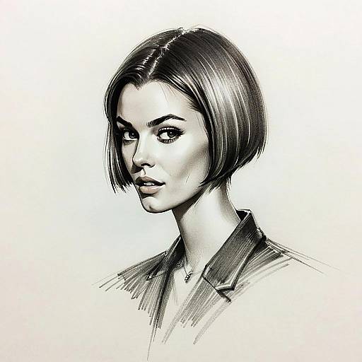 Realistic Pencil Sketch Portrait of Young Woman with Bob Hairstyle