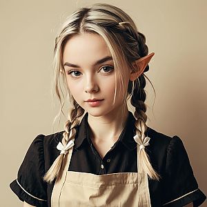 Portrait of Beautiful Young Woman with Elf Ears and Braided Hair in Apron