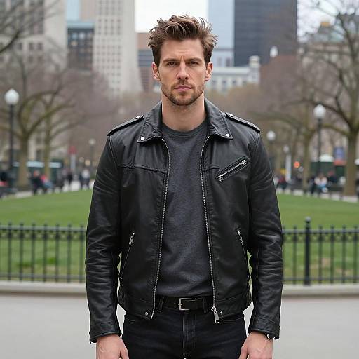 Young Man Wearing Black Leather Jacket in Urban Park