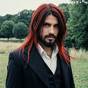 Man with Long Black and Red Hair in Wooded Setting