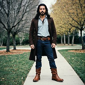 Confident man in vintage outfit on autumn sidewalk