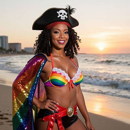 Woman in Rainbow Pirate Costume on Beach at Sunset