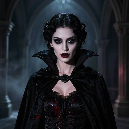 Gothic Vampire Woman in Dark Velvet Cape and Corset Costume