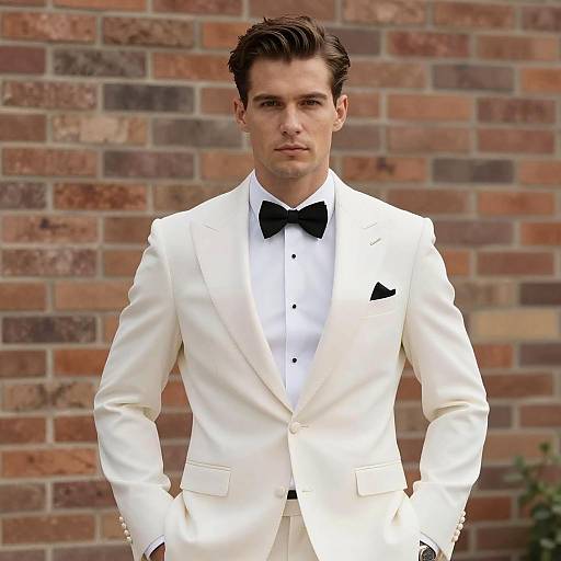 Handsome Man in White Tuxedo with Black Bow Tie Against Brick Wall