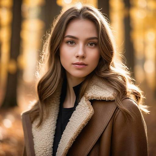 Portrait of Young Woman in Brown Shearling Coat Outdoors in Autumn Light
