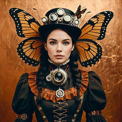 Steampunk Woman with Monarch Butterfly Wings and Mechanical Accessories