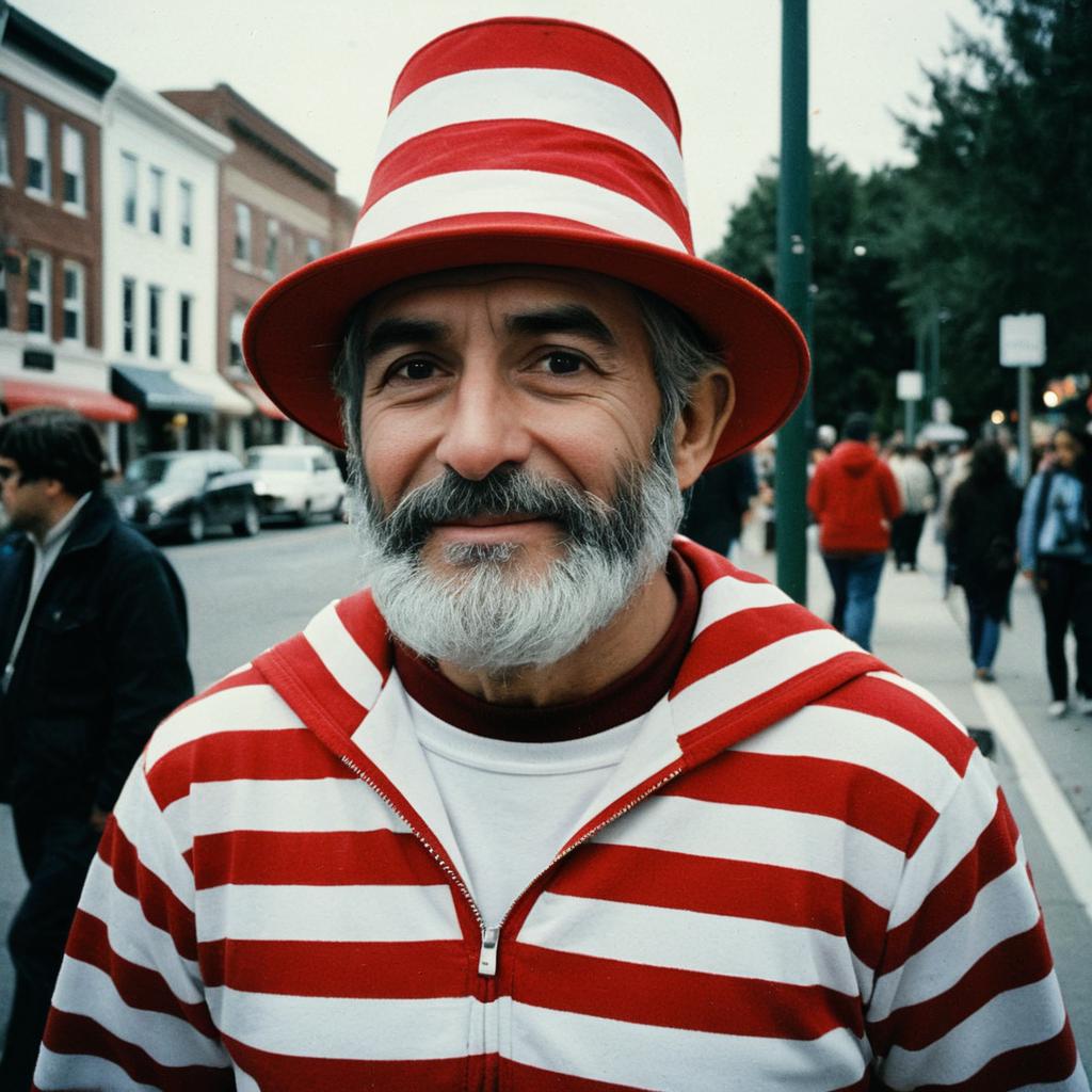 Cheerful man in striped hoodie and hat