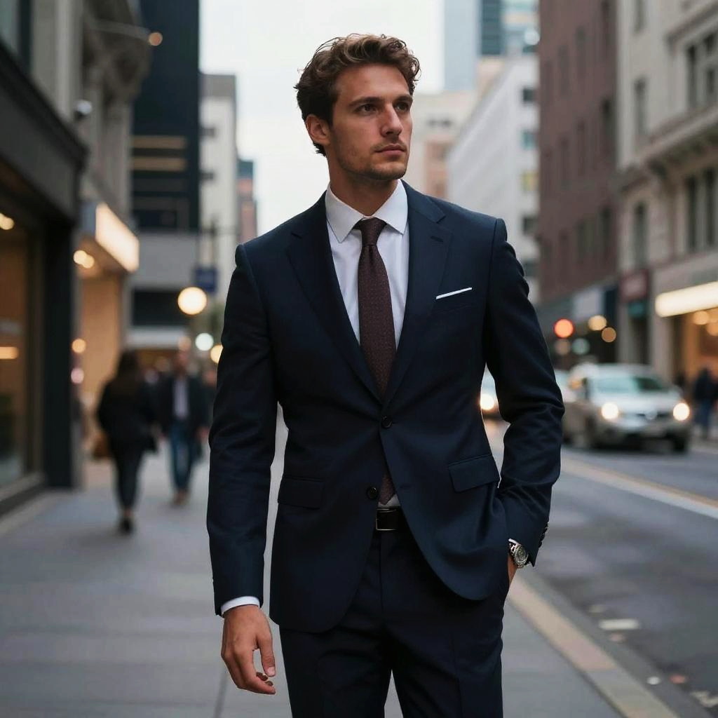 Confident Young Man in Navy Blue Suit Walking in City Street