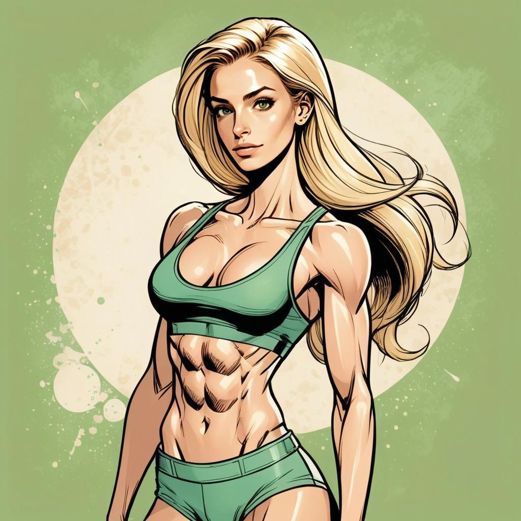 Fit Muscular Woman in Green Sportswear - Comic Style Fit Muscular Woman in Green Sportswear - Comic Style