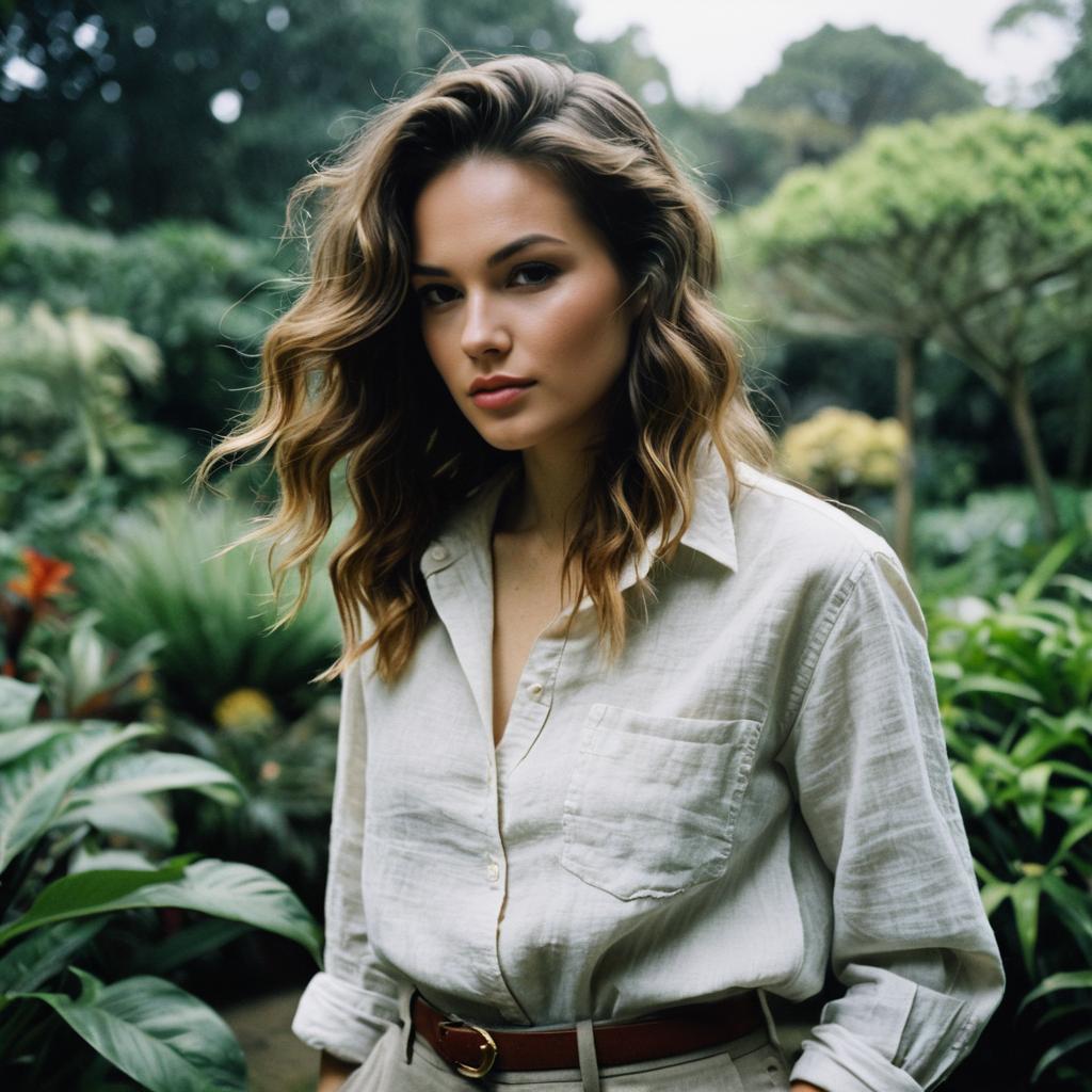 Portrait of Woman in Beige Shirt Amid Lush Greenery in Realistic Style