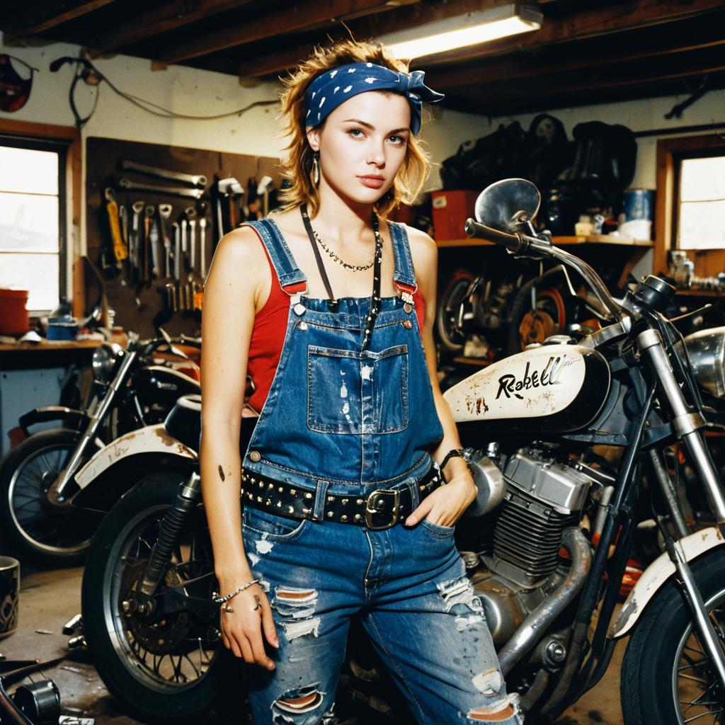 Young Woman in Distressed Denim Overalls in Vintage Motorcycle Garage