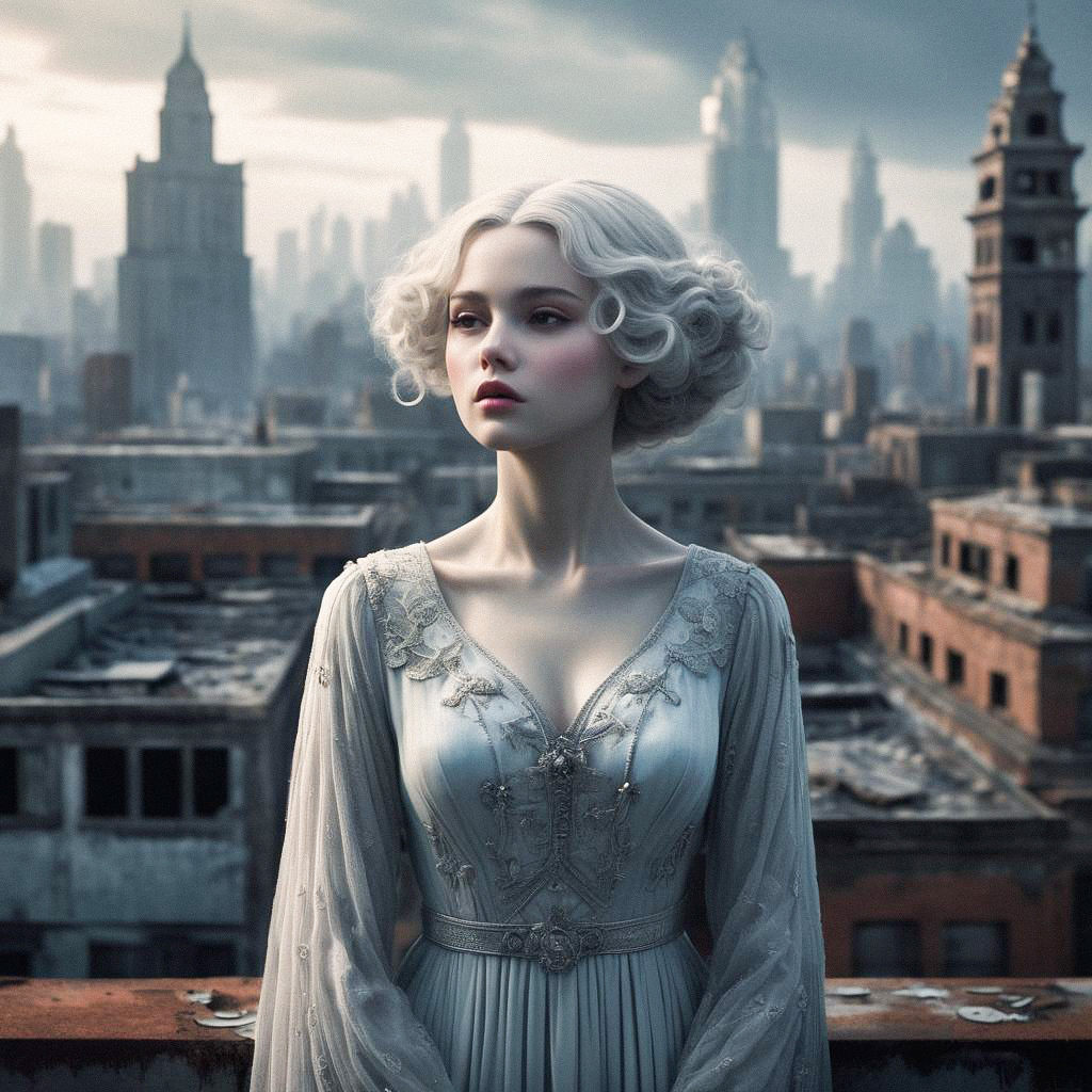 Vintage-Inspired Portrait of a Woman in Urban Landscape