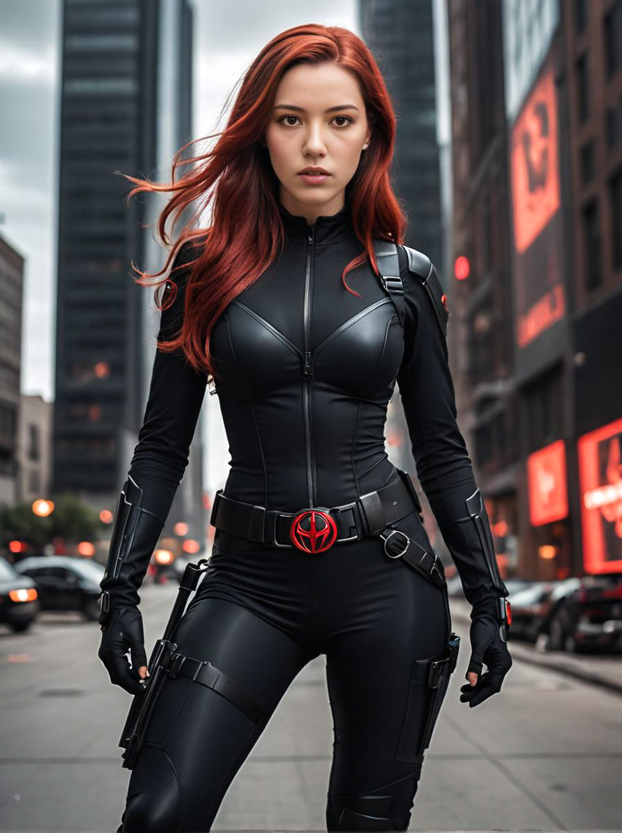 Woman in Black Widow Costume Against Urban Backdrop