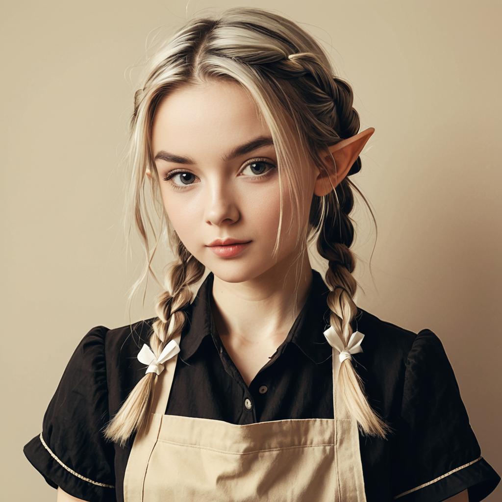 Portrait of Beautiful Young Woman with Elf Ears and Braided Hair in Apron