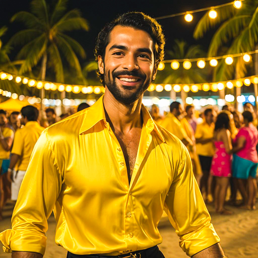 Cheerful Man at Vibrant Beach Party