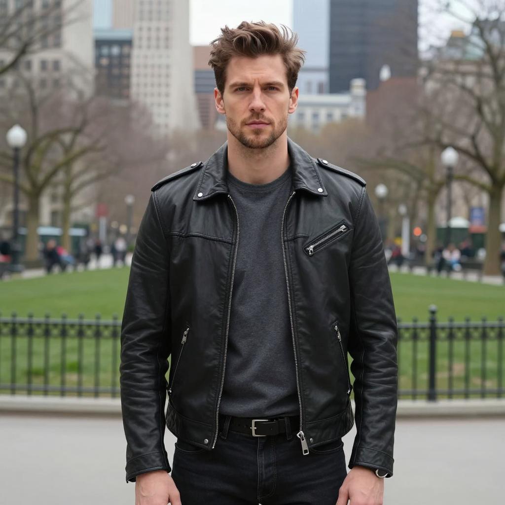 Young Man Wearing Black Leather Jacket in Urban Park