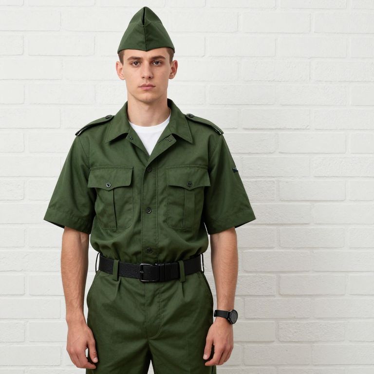 Young Man in Classic Green Military Uniform Standing Against White Brick Wall