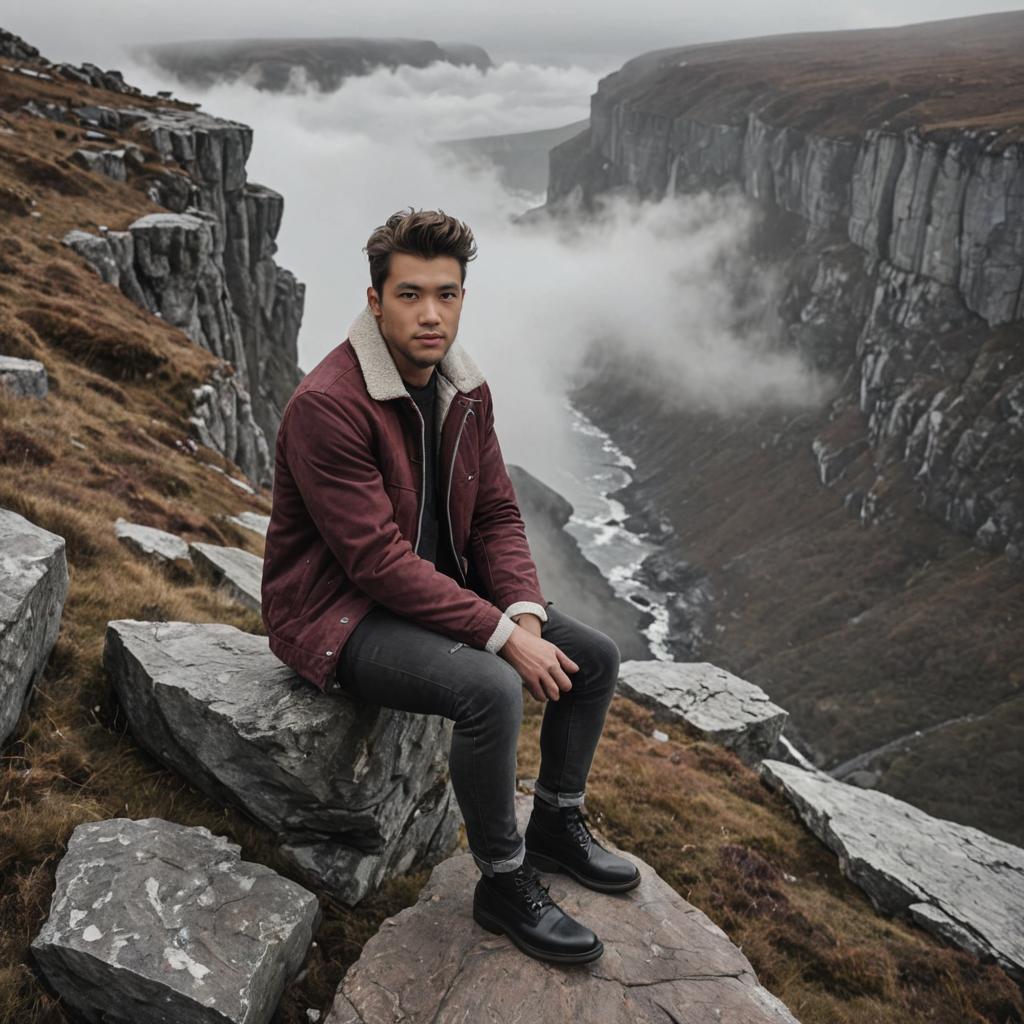 Man on Rocky Edge with Misty Valley