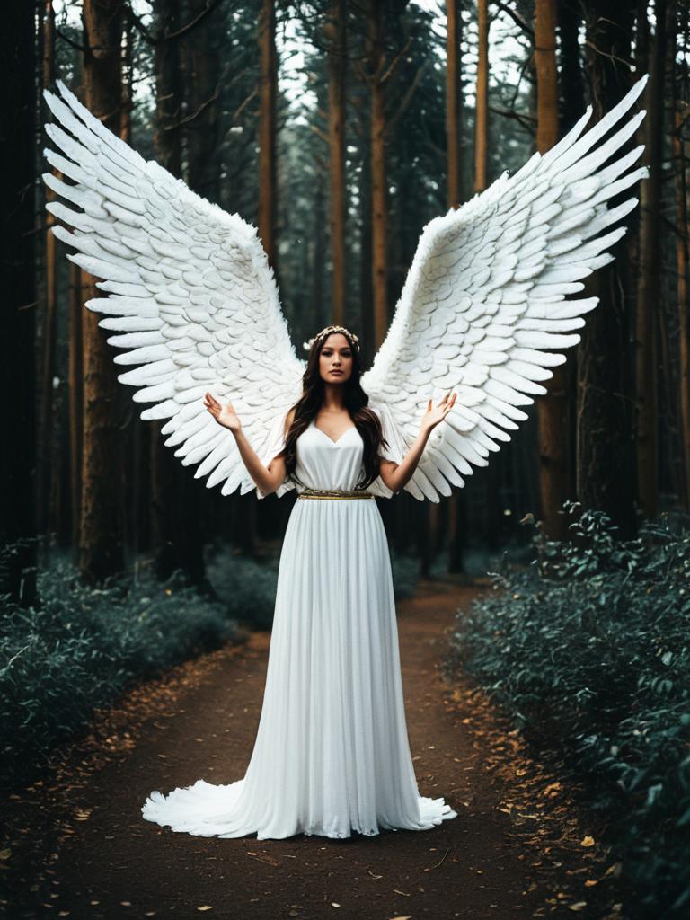 Woman with Extra Large Angel Wings Photorealistic Outdoor Forest Portrait