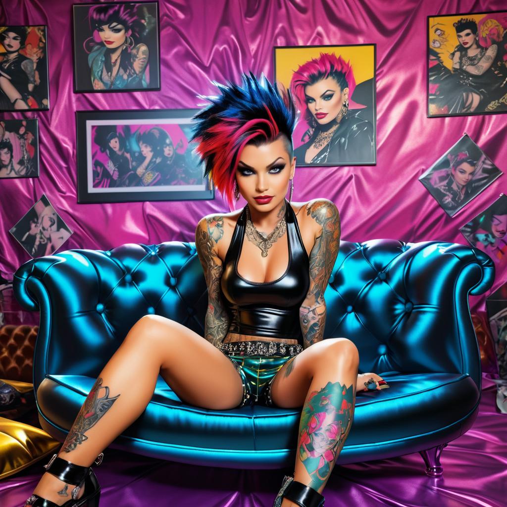 Tattooed Woman on Blue Couch