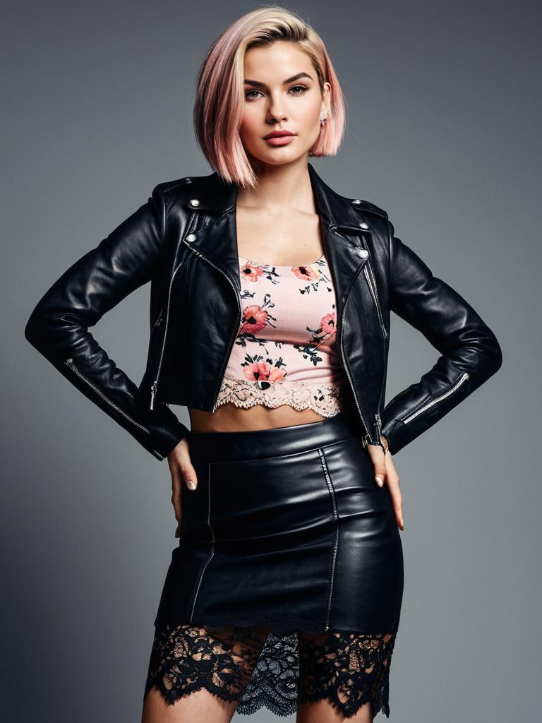 Stylish Woman in Black Leather Jacket and Skirt with Lace Detailing