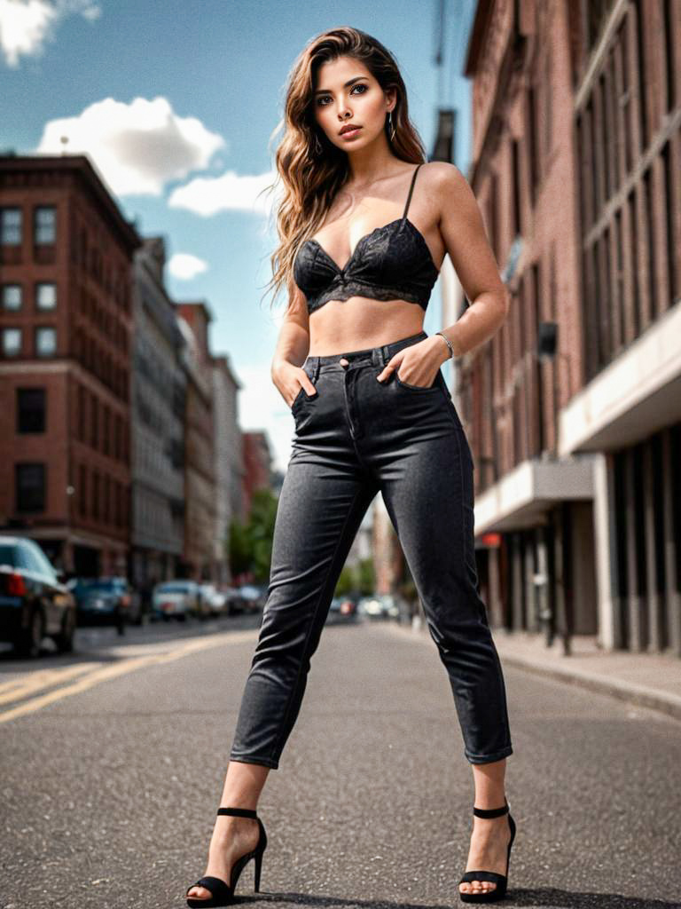 Confident Woman in Trendy Outfit with Urban Backdrop