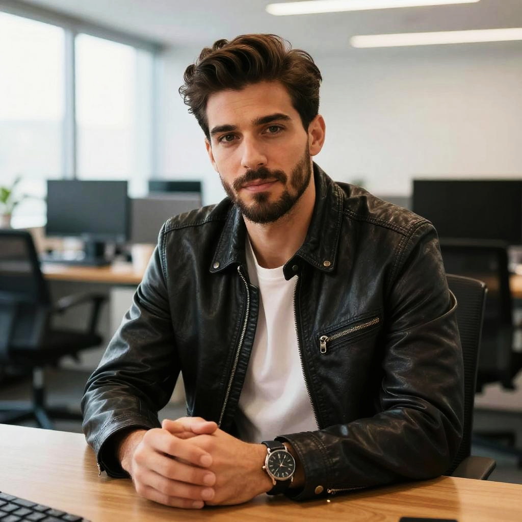 Confident Young Man in Leather Jacket Sitting in Modern Office