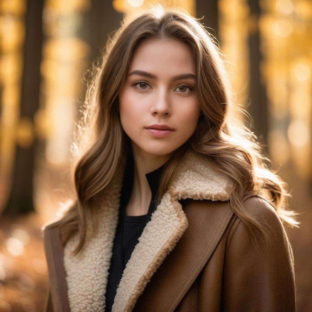 Portrait of Young Woman in Brown Shearling Coat Outdoors in Autumn Light