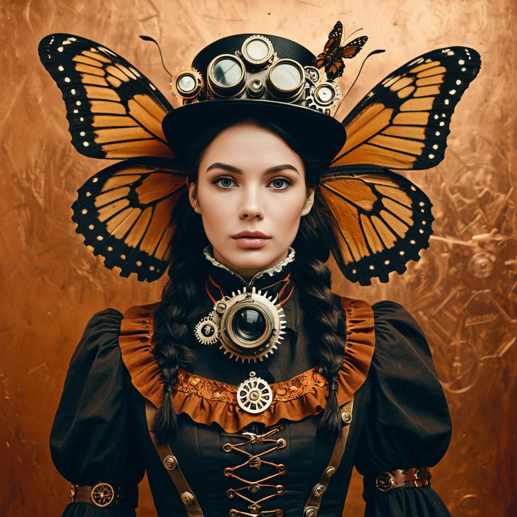 Steampunk Woman with Monarch Butterfly Wings and Mechanical Accessories