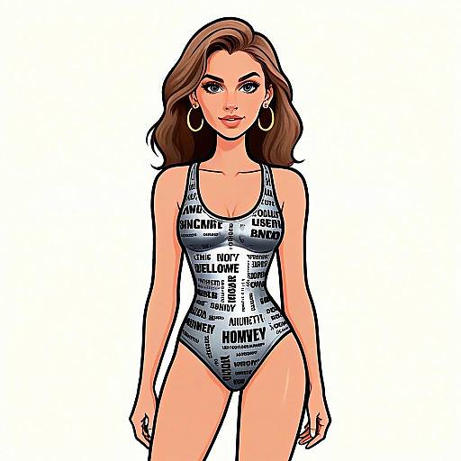 Stylish Woman in Text-Printed Swimsuit Vector Illustration