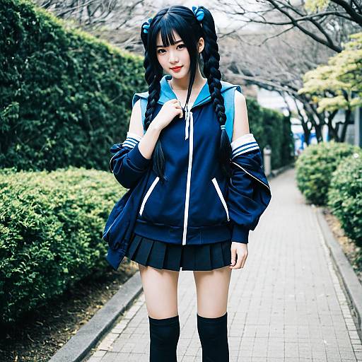 Young Woman in Navy Sailor School Uniform with Braided Hair Outdoors